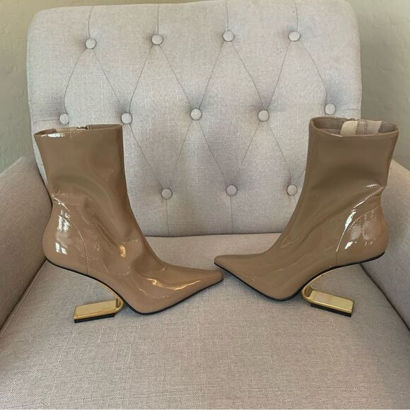 Jeffrey Campbell Compass Tan Patent and Gold Heel Pointed Toe Boots Size 5 - Picture 6 of 10